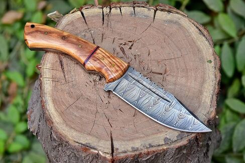 Handmade Damascus Steel Hunting Fixed Blade Knife With Leather Sheath, Olive Wood Handle - 9.75" Length Full Tang Multipurpose Knife K-152 in Kuwait