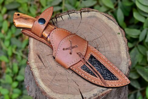 Handmade Damascus Steel Hunting Fixed Blade Knife With Leather Sheath, Olive Wood Handle - 9.75" Length Full Tang Multipurpose Knife K-152 in Kuwait
