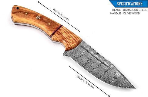Handmade Damascus Steel Hunting Fixed Blade Knife With Leather Sheath, Olive Wood Handle - 9.75" Length Full Tang Multipurpose Knife K-152 in Kuwait
