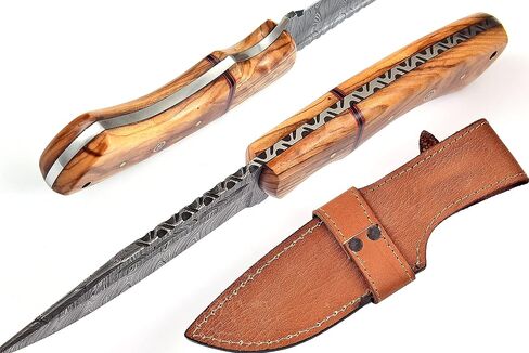 Handmade Damascus Steel Hunting Fixed Blade Knife With Leather Sheath, Olive Wood Handle - 9.75" Length Full Tang Multipurpose Knife K-152 in Kuwait