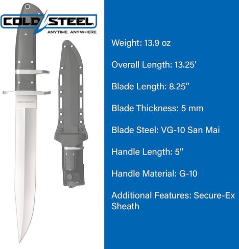 Cold Steel Black Bear Classic 8.25" VG-10 San Mai III Clip-Point Blade 5" G-10 Handle Fixed Blade Knife w/Secure-Ex Sheath in Kuwait