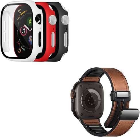 Charlam 4 Pack Apple Watch Cases and Magnetic Leather Apple Watch Bands 42mm 44mm 45mm 46mm 49mm, Brown in Kuwait