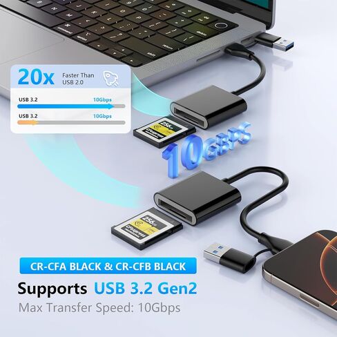 CFexpress Type A Card Reader with USB 3.2 (Gen 2) 10Gbps, USB-C&USB-A 2-in-1 Type A CFexpress Adapter, Compatible with Windows/Mac/Linux/Android, for iPhone 17/16/15, Laptops, Tablets, Smartphones in Kuwait