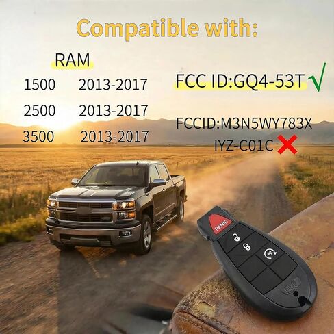 Simple DIY Remote Key Fob Replacement Fits for Dodge RAM 1500 2500 3500 (2013-2017) - FCC ID: GQ4-53T, Includes 3 & 4-Button Pads, No Pro Tools Required in Kuwait