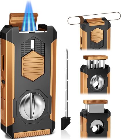 5-in-1 Butane Torch Lighter with Auto-Pop V & Straight Cutter, Windproof Triple Jet Flame, Built-in Holder, Draw Enhancer, Refillable Cool Lighters with Gift Box for Men, Candles, Travel (Black Gold) in Kuwait