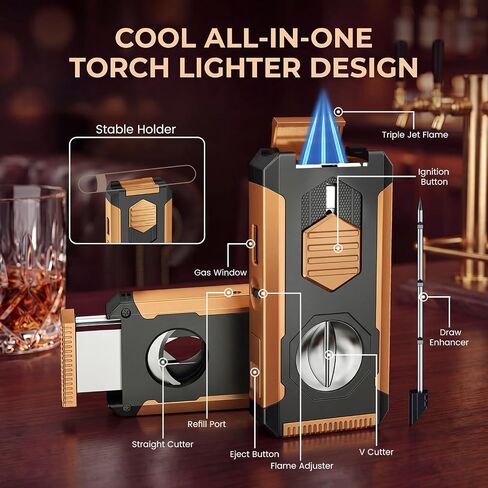 5-in-1 Butane Torch Lighter with Auto-Pop V & Straight Cutter, Windproof Triple Jet Flame, Built-in Holder, Draw Enhancer, Refillable Cool Lighters with Gift Box for Men, Candles, Travel (Black Gold) in Kuwait