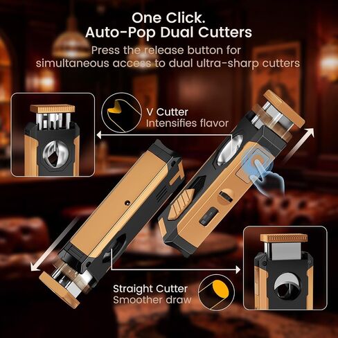 5-in-1 Butane Torch Lighter with Auto-Pop V & Straight Cutter, Windproof Triple Jet Flame, Built-in Holder, Draw Enhancer, Refillable Cool Lighters with Gift Box for Men, Candles, Travel (Black Gold) in Kuwait