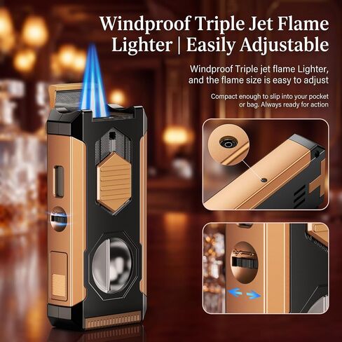 5-in-1 Butane Torch Lighter with Auto-Pop V & Straight Cutter, Windproof Triple Jet Flame, Built-in Holder, Draw Enhancer, Refillable Cool Lighters with Gift Box for Men, Candles, Travel (Black Gold) in Kuwait