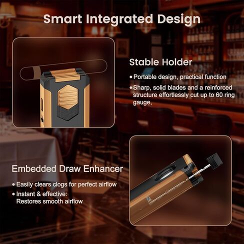 5-in-1 Butane Torch Lighter with Auto-Pop V & Straight Cutter, Windproof Triple Jet Flame, Built-in Holder, Draw Enhancer, Refillable Cool Lighters with Gift Box for Men, Candles, Travel (Black Gold) in Kuwait