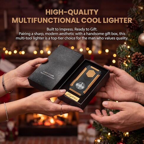 5-in-1 Butane Torch Lighter with Auto-Pop V & Straight Cutter, Windproof Triple Jet Flame, Built-in Holder, Draw Enhancer, Refillable Cool Lighters with Gift Box for Men, Candles, Travel (Black Gold) in Kuwait