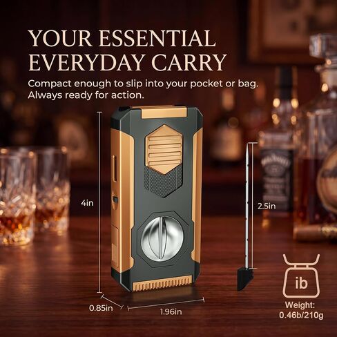 5-in-1 Butane Torch Lighter with Auto-Pop V & Straight Cutter, Windproof Triple Jet Flame, Built-in Holder, Draw Enhancer, Refillable Cool Lighters with Gift Box for Men, Candles, Travel (Black Gold) in Kuwait