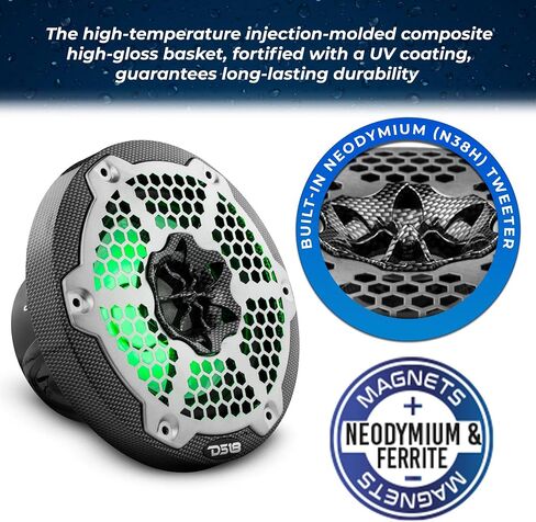 DS18 HYDRO CF-65M 6.5" Marine Speakers 2-Way with Integrated RGB Lights, Black Carbon Fiber, Pair - 100% UV Stable - Water Resistant Speakers, Grills Included - 2 Speakers (Renewed) in Kuwait