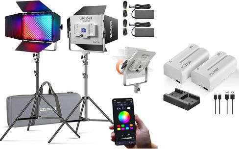 Godox Litemons LP600R RGB LED 2-Light Kit with 4-Pack NP-F550 Batteries & Chargers, 60W Full Color Light Bundle, 1800-10000K, 2 Light Stands & Case, Portable Dual Battery Power for Video Recording in Kuwait