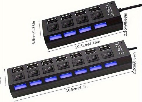 USB Hub, High Speed 7-Port Splitter with Individual LED Light Switches, Black, for PC and Laptop (Black-4in1) in Kuwait