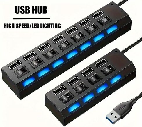USB Hub, High Speed 7-Port Splitter with Individual LED Light Switches, Black, for PC and Laptop (Black-4in1) in Kuwait