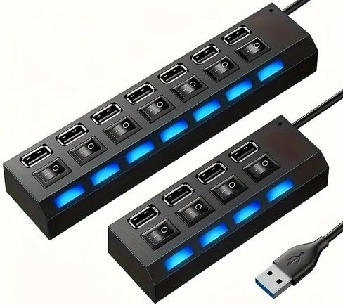 USB Hub, High Speed 7-Port Splitter with Individual LED Light Switches, Black, for PC and Laptop (Black-4in1) in Kuwait