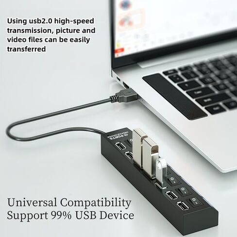 USB Hub, High Speed 7-Port Splitter with Individual LED Light Switches, Black, for PC and Laptop (Black-4in1) in Kuwait