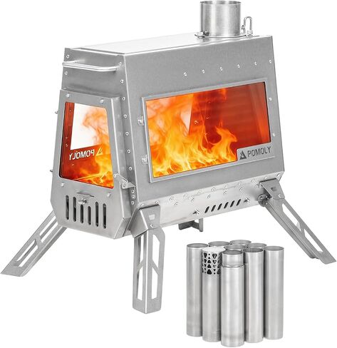 POMOLY Camping Wood Stove Tent Stove, Dagger Ti Titanium Wood Burning Stove with Chimney Pipe for Hiking, Cooking in Kuwait