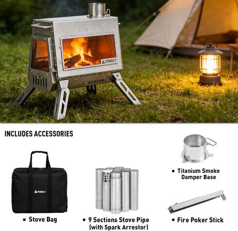 POMOLY Camping Wood Stove Tent Stove, Dagger Ti Titanium Wood Burning Stove with Chimney Pipe for Hiking, Cooking in Kuwait