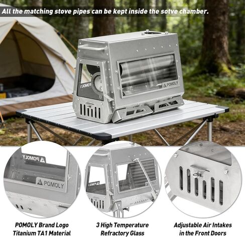 POMOLY Camping Wood Stove Tent Stove, Dagger Ti Titanium Wood Burning Stove with Chimney Pipe for Hiking, Cooking in Kuwait