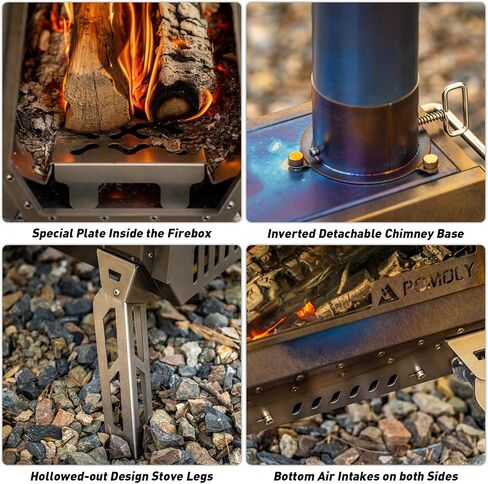 POMOLY Camping Wood Stove Tent Stove, Dagger Ti Titanium Wood Burning Stove with Chimney Pipe for Hiking, Cooking in Kuwait