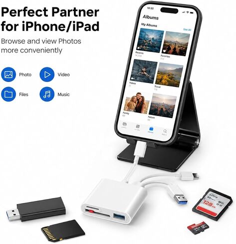 3-in-1 SD Card Reader for iPhone, iPad & Mac – Lightning, USB-C & USB-A Memory Card Adapter for SD/MicroSD, USB OTG, High-Speed Trail Camera & Portable Plug & Play in Kuwait