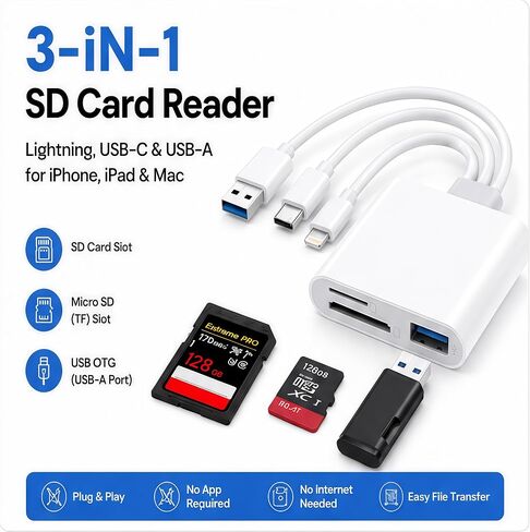 3-in-1 SD Card Reader for iPhone, iPad & Mac – Lightning, USB-C & USB-A Memory Card Adapter for SD/MicroSD, USB OTG, High-Speed Trail Camera & Portable Plug & Play in Kuwait