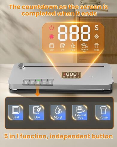 Food Vacuum Sealer Machine 75kPa, Built-in Cutter, Pulse Function, Digital Timer Dry/Moist Modes, External Vacuum for Jars, 20 Bags Included, Compact Design for Meal Prep Sous Vide and Bulk Storage in Kuwait