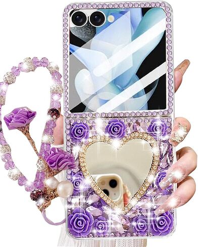 Changjia for Samsung Galaxy Z Flip 8 Glitter Bling Case, Cute 3D Sparkle Heart Makeup Mirror Crystal Rhinestones Flowers Diamond Gems with Lanyard Wrist Strap Women Girls Case for Galaxy Z Flip 8,Pink in Kuwait