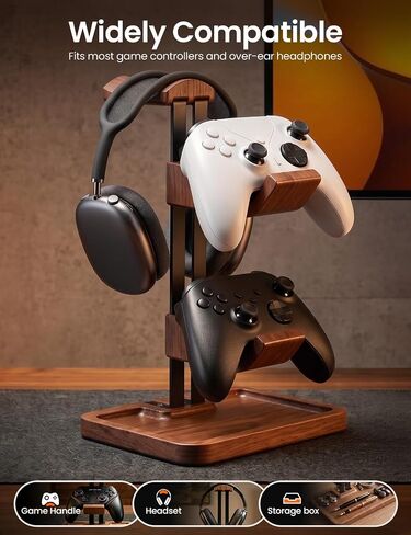 LOXP Walnut Headphone and Controller Stand, 2-in-1 Holder with Storage in Kuwait