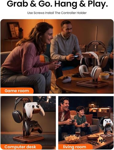 LOXP Walnut Headphone and Controller Stand, 2-in-1 Holder with Storage in Kuwait