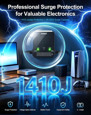 Briidea 2 Outlet Surge Protector - 1410 Joules Wall Tap with EMI/RFI Noise Filter, 15A Circuit Breaker, Outlet Extender for TV, Computer, Router, Gaming Console & Home Electronics in Kuwait