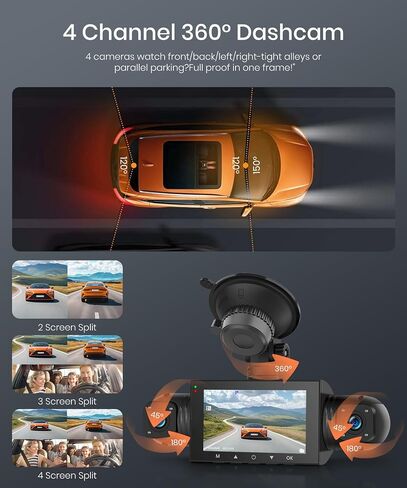 Rimoody 4-Channel 360° Dash Cam, 1080P Full HD Car DVR WiFi App Control in Kuwait