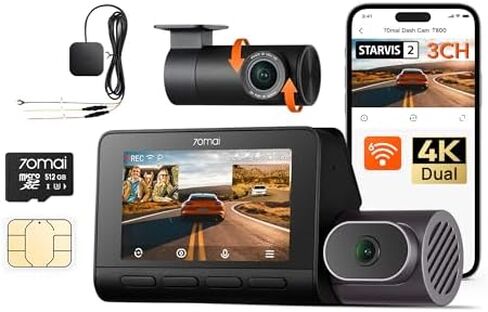 【70mai T800+UP05-SIM】70mai 4K T800 3 Channel Dash Cam, Dash Cam Front and Rear Inside(2160P+2160P+1080P), STARVIS 2 IMX678, HDR Night Vision, Dash Camera for Cars with 512GB Card, WiFi 6, 4G LTE, ADAS in Kuwait