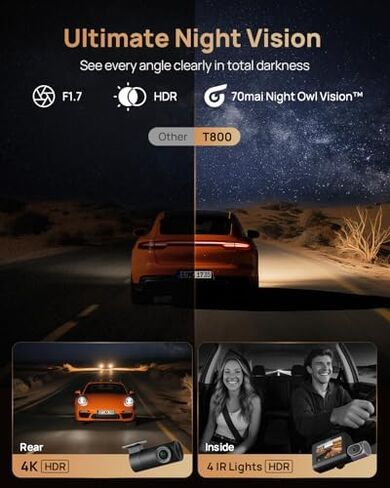 【70mai T800+UP05-SIM】70mai 4K T800 3 Channel Dash Cam, Dash Cam Front and Rear Inside(2160P+2160P+1080P), STARVIS 2 IMX678, HDR Night Vision, Dash Camera for Cars with 512GB Card, WiFi 6, 4G LTE, ADAS in Kuwait