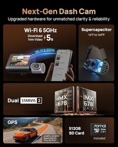 【70mai T800+UP05-SIM】70mai 4K T800 3 Channel Dash Cam, Dash Cam Front and Rear Inside(2160P+2160P+1080P), STARVIS 2 IMX678, HDR Night Vision, Dash Camera for Cars with 512GB Card, WiFi 6, 4G LTE, ADAS in Kuwait