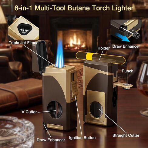 6-in-1 Multi-Tool Butane Torch Lighter, Built-in V & Straight Cutter, Windproof Triple Jet Flame, Holder, Punch, Draw Enhancer - Refillable Cool Lighters Gift Box, Gifts for Men, Candle, Outdoors in Kuwait