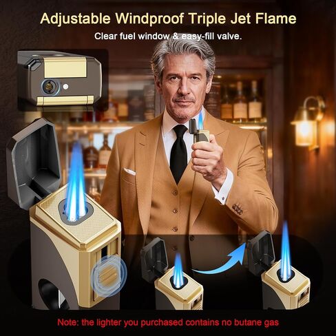 6-in-1 Multi-Tool Butane Torch Lighter, Built-in V & Straight Cutter, Windproof Triple Jet Flame, Holder, Punch, Draw Enhancer - Refillable Cool Lighters Gift Box, Gifts for Men, Candle, Outdoors in Kuwait