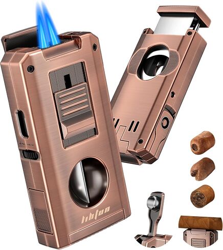 LIHTUN Cigar Torch Lighter Built-in One-Touch Cigar Cutter V-Cut and Straight Cut, Punch, Stand, All-in-1 Windproof Dual Jet Flame Lighter Gifts for Cigar Loves, Adjustable Refillable (Bronze) in Kuwait