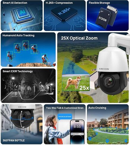 VIKYLIN 【Plug & Play 4K 8CH PoE NVR Recorder and 1pcs 8MP PTZ IP POE Camera Outdoor, Pan Tilt 18x Optical Zoom, Auto Tracking PTZ Camera in Kuwait