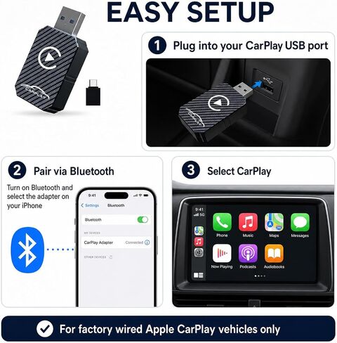 Wireless Adapter Compatible with Apple CarPlay, for Vehicles with Factory Wired CarPlay, Plug and Play, Auto Connection, USB-A to USB-C Adapter Included-Black in Kuwait