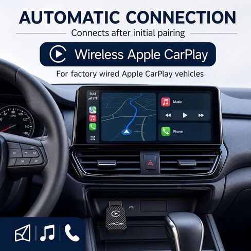 Wireless Adapter Compatible with Apple CarPlay, for Vehicles with Factory Wired CarPlay, Plug and Play, Auto Connection, USB-A to USB-C Adapter Included-Black in Kuwait