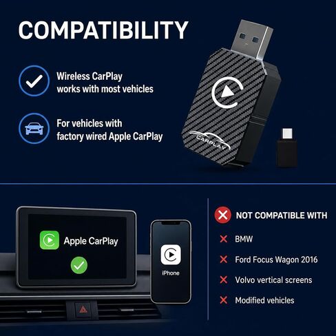 Wireless Adapter Compatible with Apple CarPlay, for Vehicles with Factory Wired CarPlay, Plug and Play, Auto Connection, USB-A to USB-C Adapter Included-Black in Kuwait