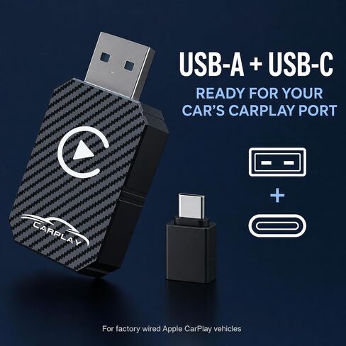 Wireless Adapter Compatible with Apple CarPlay, for Vehicles with Factory Wired CarPlay, Plug and Play, Auto Connection, USB-A to USB-C Adapter Included-Black in Kuwait