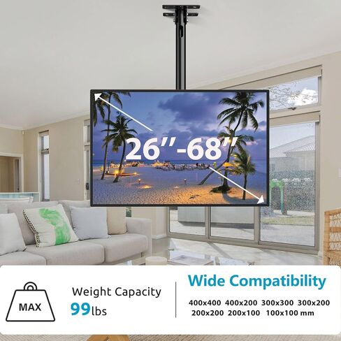 TV Ceiling Mount for 26-68 inch Flat Screen Fits Most LCD LED OLED TVs Monitor Pole Mount up to 99lbs Max VESA 400x400mm Hanging TV Mount Adjustable Ceiling Television Bracket in Kuwait
