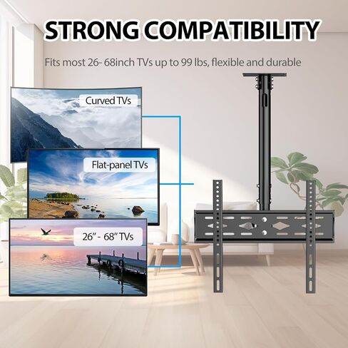 TV Ceiling Mount for 26-68 inch Flat Screen Fits Most LCD LED OLED TVs Monitor Pole Mount up to 99lbs Max VESA 400x400mm Hanging TV Mount Adjustable Ceiling Television Bracket in Kuwait