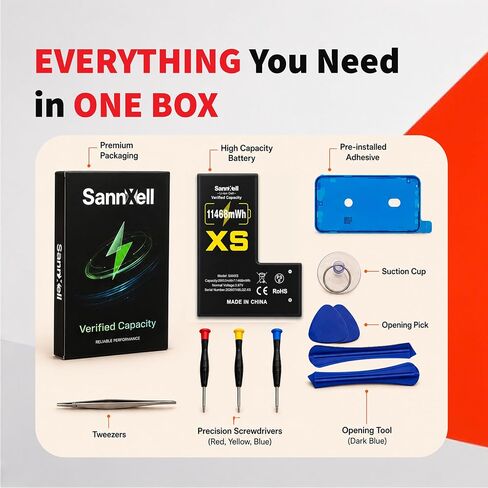 Upgraded High Capacity Battery for iPhone Xs Replacement, 11468mWh 0 Cycle A1920 A2097 A2098 A2099 A2100 Model, Ultra Long Lasting Li-ion Battery with Full Repair Tool Kit in Kuwait