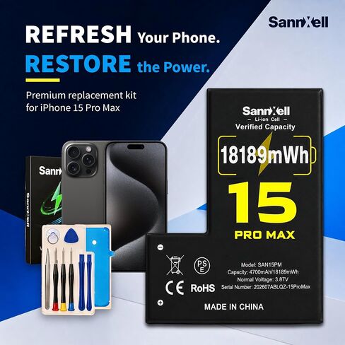 Upgraded High Capacity 18189mWh 0 Cycle Replacement Battery for iPhone 15 Pro Max, Ultra Long Lasting iPhone Battery Replacement A2849, A3105, A3106, A3108 Model with Full Repair Tool Kit in Kuwait