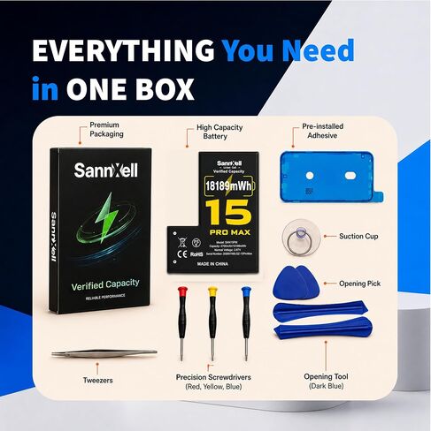 Upgraded High Capacity 18189mWh 0 Cycle Replacement Battery for iPhone 15 Pro Max, Ultra Long Lasting iPhone Battery Replacement A2849, A3105, A3106, A3108 Model with Full Repair Tool Kit in Kuwait