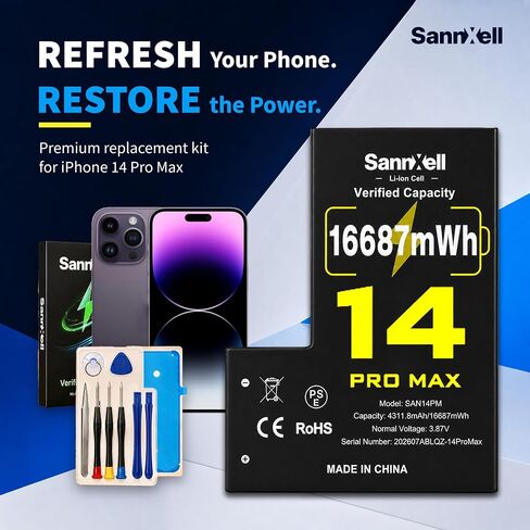 Upgraded High Capacity Battery for iPhone 14 Pro Max Replacement, 16687mWh 0 Cycle A2651 A2893 A2894 A2895 A2896 Model, Ultra Long Lasting Li-ion Battery with Full Repair Tool Kit in Kuwait
